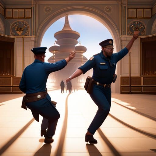 Goofy Policemen Dancing at Wedding in Fantasy Style