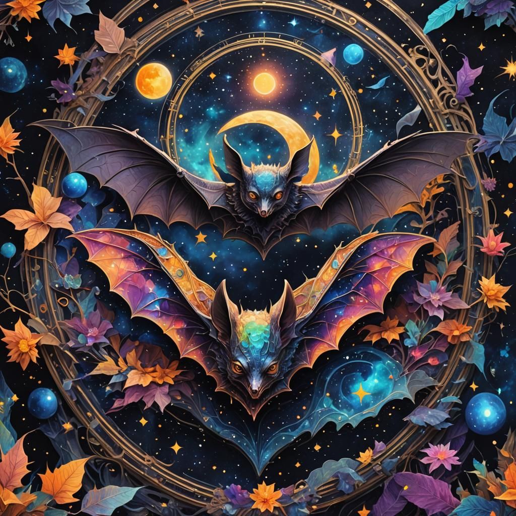 Holographic Cosmic Bat Illustration in Mixed Media