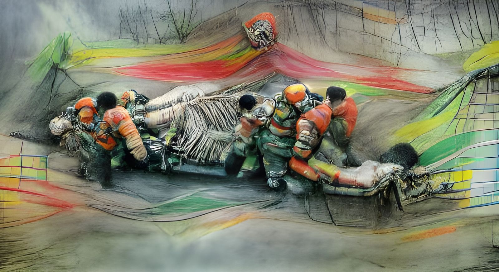 Medics Rescue Wounded Man: Charcoal Drawing