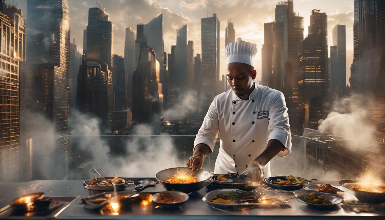 Futuristic Chef Creates Culinary Sparks at Golden Hour