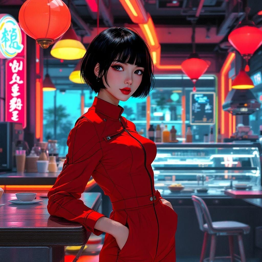 Futuristic Coffee Shop Scene with Japanese Woman