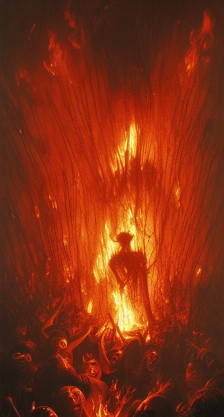 Sinister Witch Burning in Hyperrealistic Horror Style