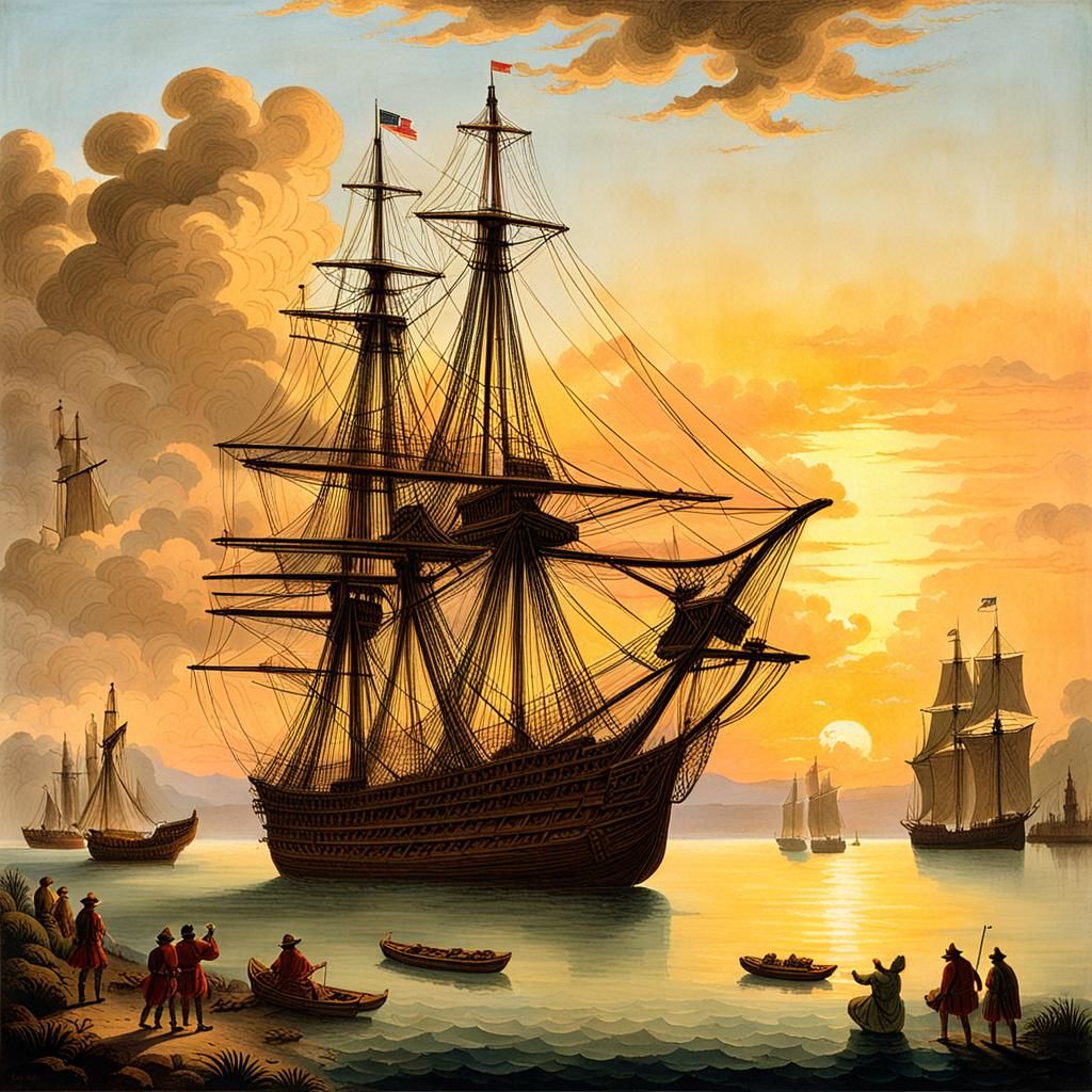 Endeavour Ship at Sunset, New Zealand Harbor