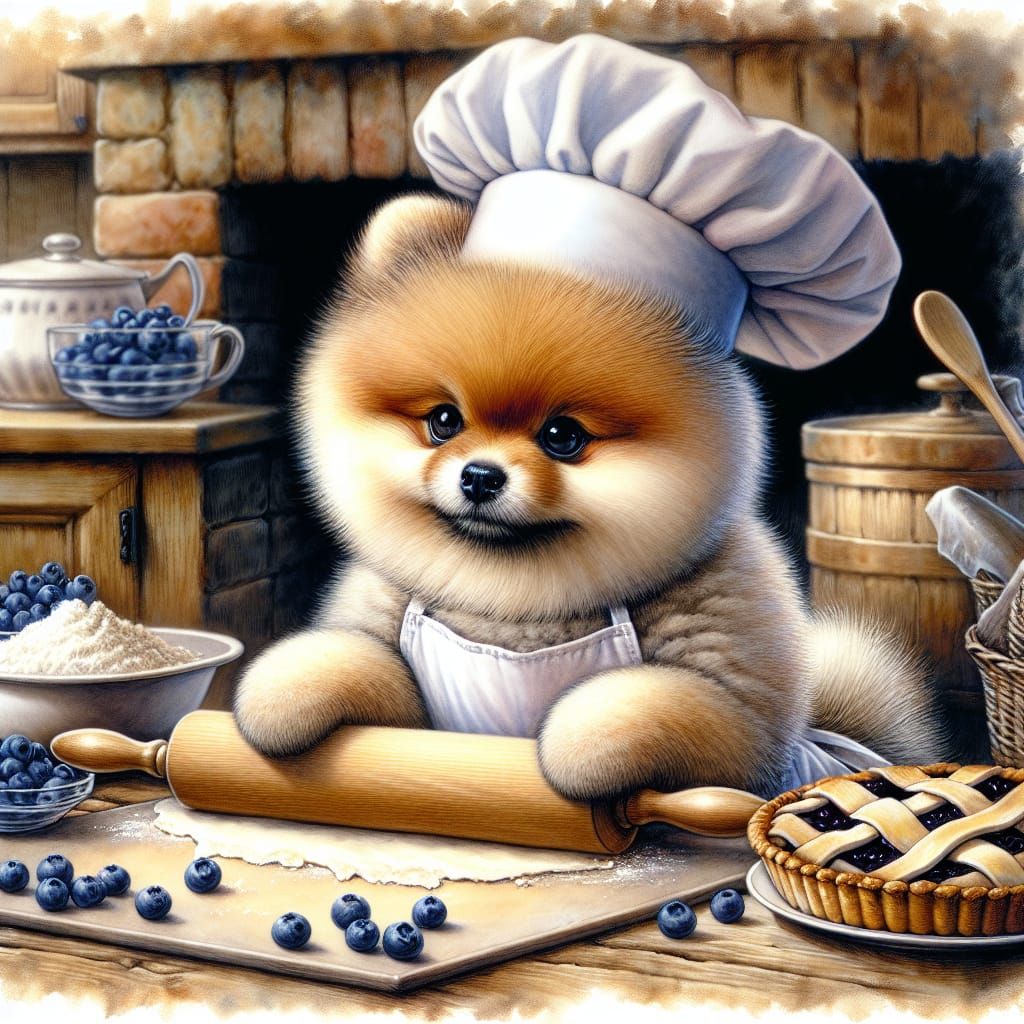 Pomeranian Chef Baking Blueberry Pie in Watercolor Style