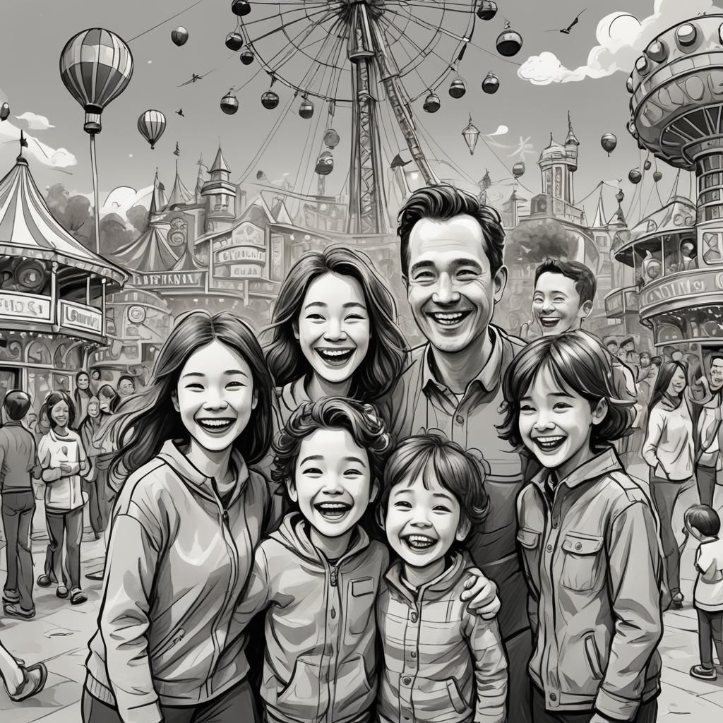 Happy Family at Luna Park: Whimsical Doodle Art