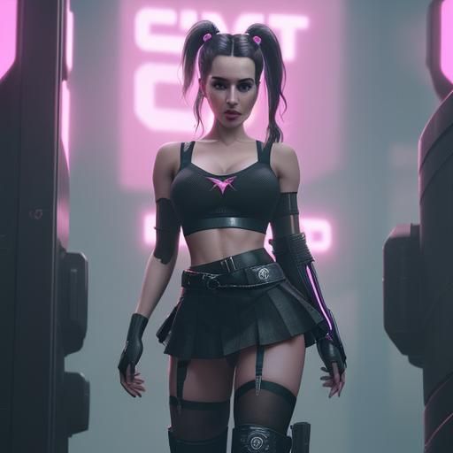 Cyberpunk Woman with Pigtails in Neon Cityscape