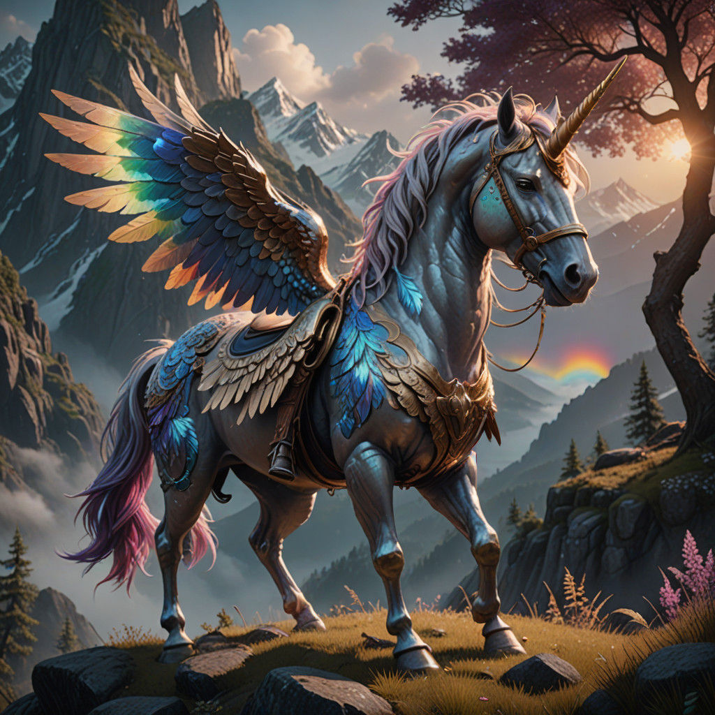Ethereal Unicorn Ascends Misty Mountain Peak