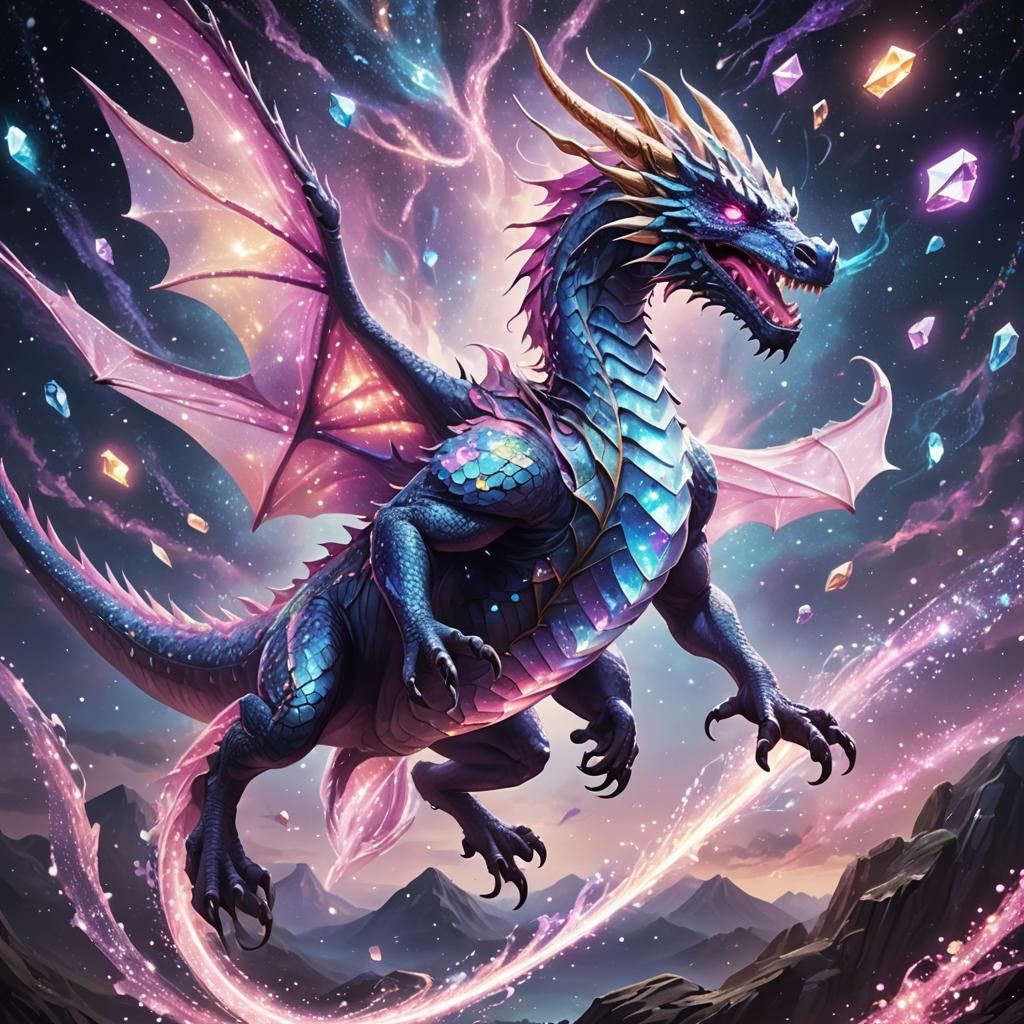 Diamond Dragon Soaring Through the Cosmos in Art Nouveau Sty...