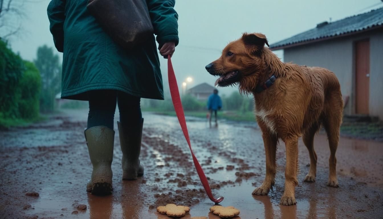 Woman Offers Treat to Stray Dog in Rain