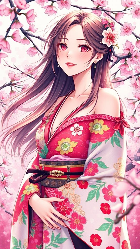 Anime Model in Floral Kimono, Impressionist Gouache Style