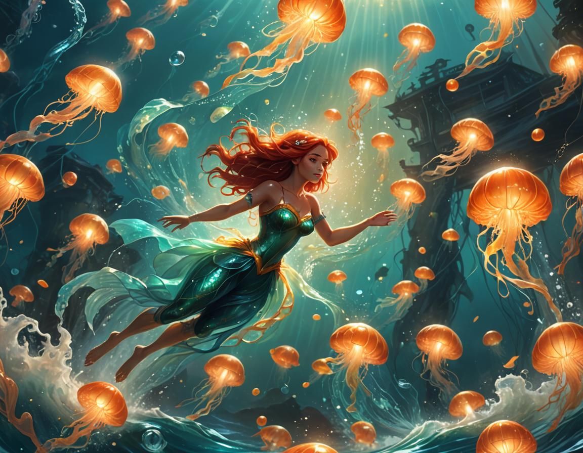 Ariel in Turquoise and Orange Fantasy Art