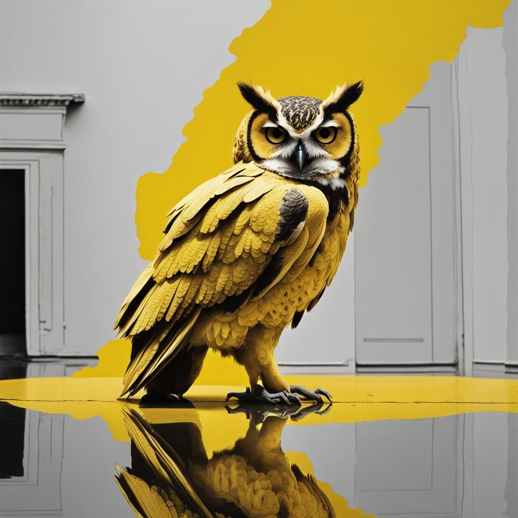 Mysterious Owl Reflection in Yellow, Collage Art Style