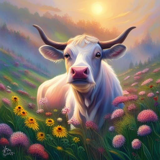 Cute Cow in Wildflower Field, Ethereal Fantasy