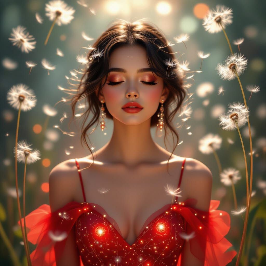 Girl with Dandelion Hair in Surreal Oil Painting