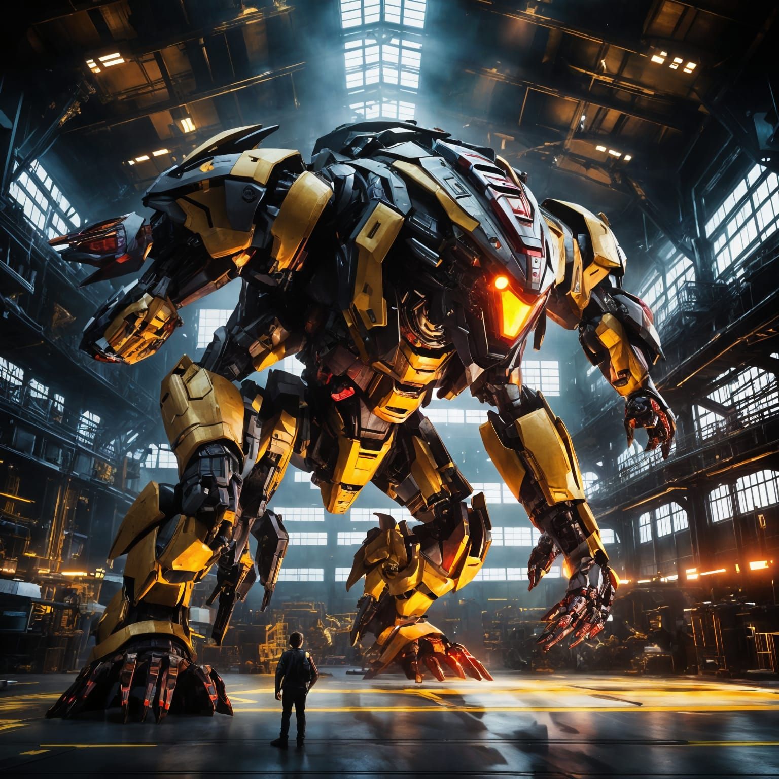 Giant Robotic Beast Unveiled in Dark Industrial Hangar