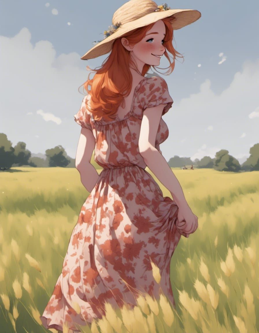 Adorable Fox-girl VIXEN wearing a sunhat, short sleeve sundress with flower patterns, walking in a field of wheat.