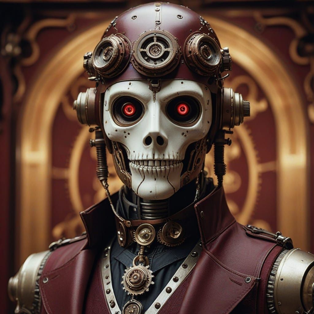 Steampunk Automaton Poster in Maroon and Cream