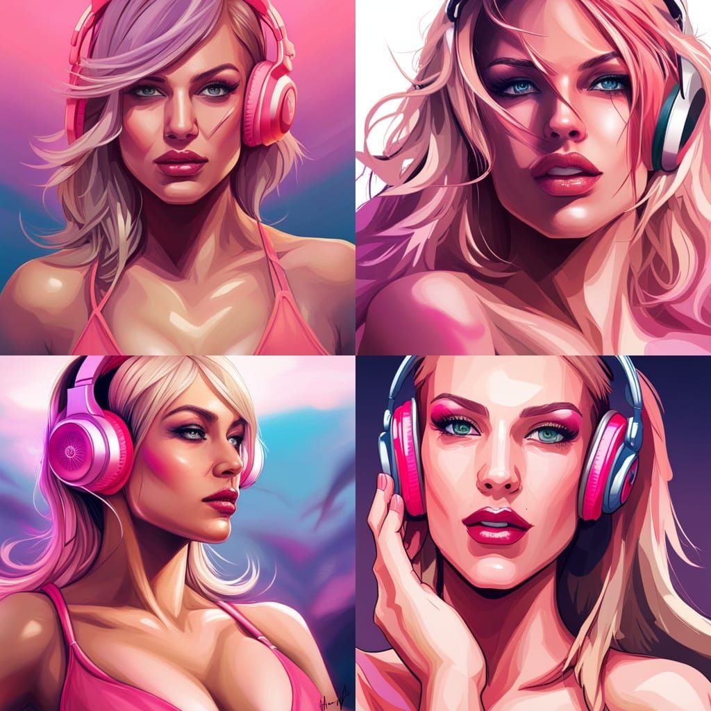 Blonde Woman Portrait with Pink Bikini, Hyperdetailed Art