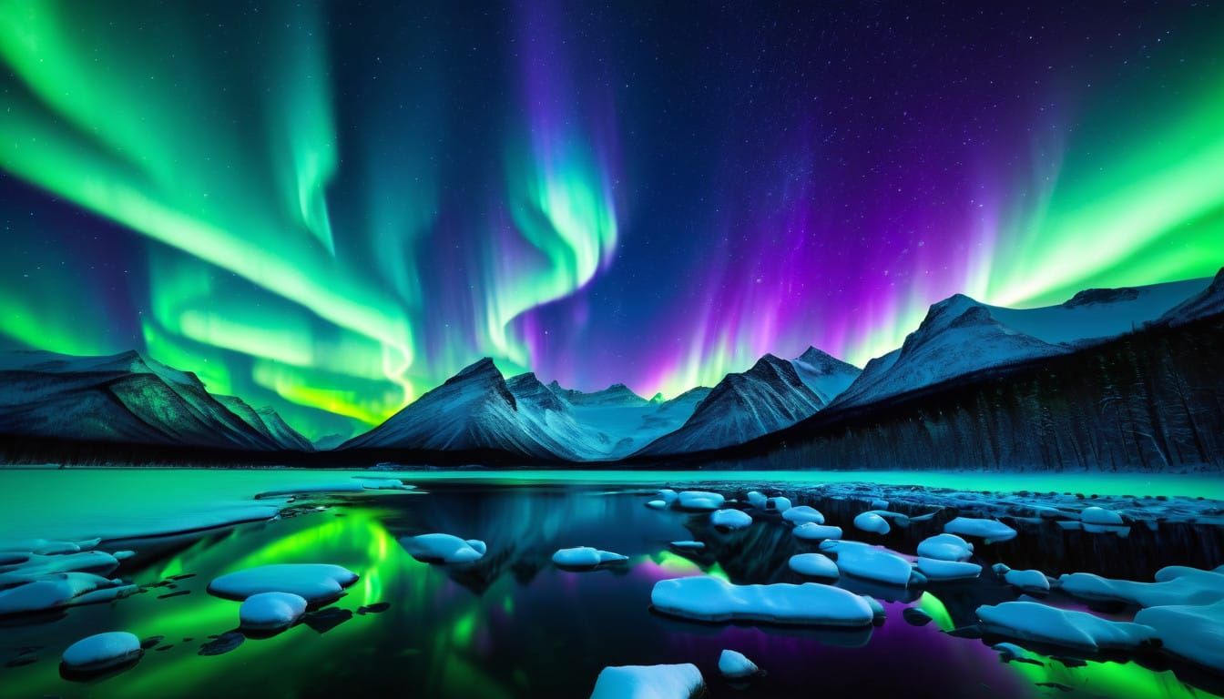 Vibrant Northern Lights Dance Across the Snowy Waters