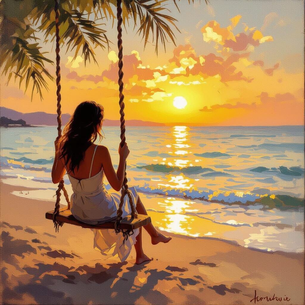 Woman on Rope Swing at Sunset Beach Oil Painting