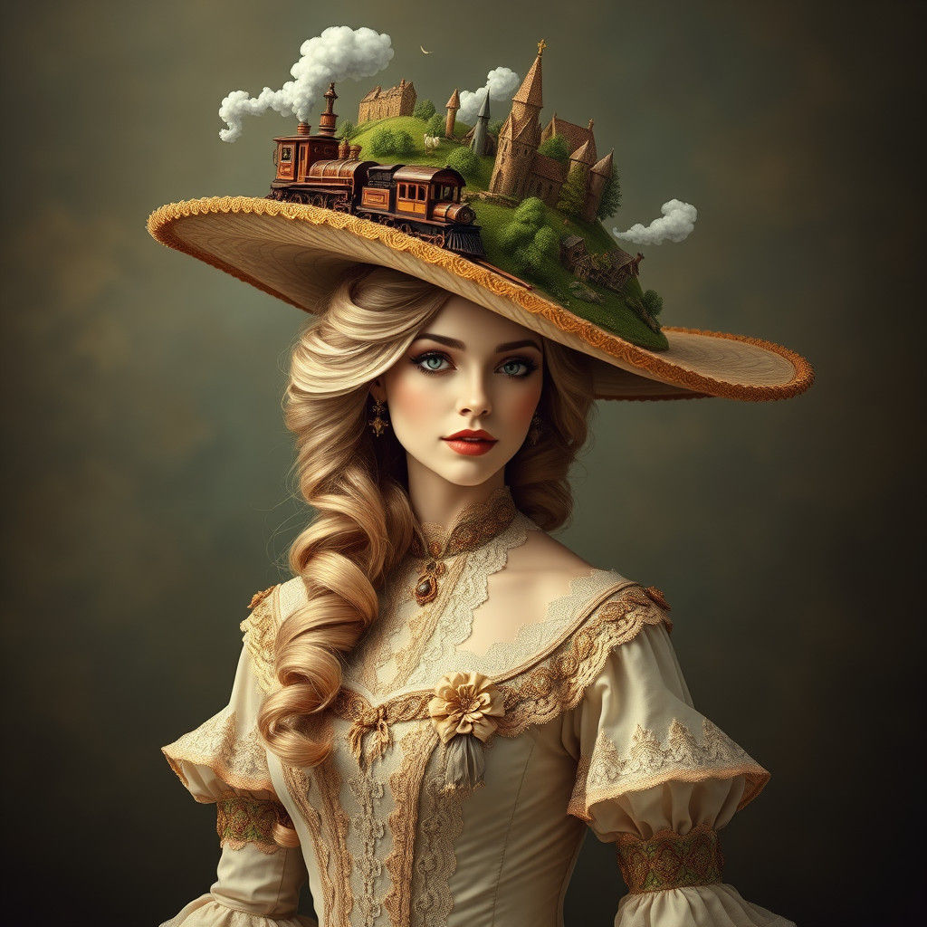 Woman's Baroque Hat with Steam Train, Storybook Style