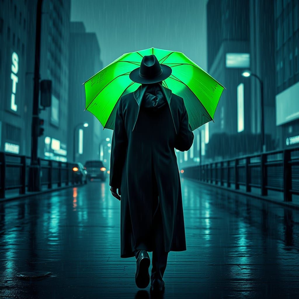 Mysterious Figure Vanishes into Rainy Cityscape in Vibrant U...
