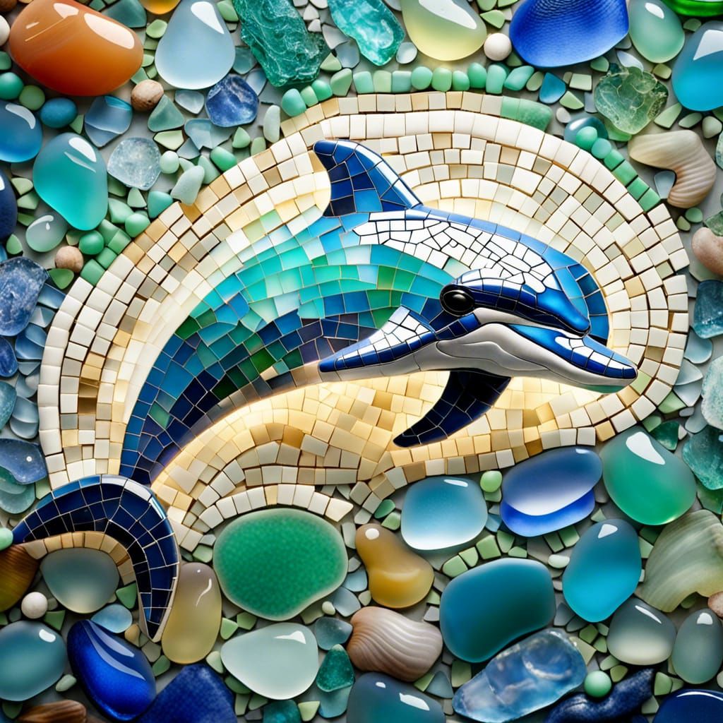 Elegant Seaglass Mosaic of a Dolphin