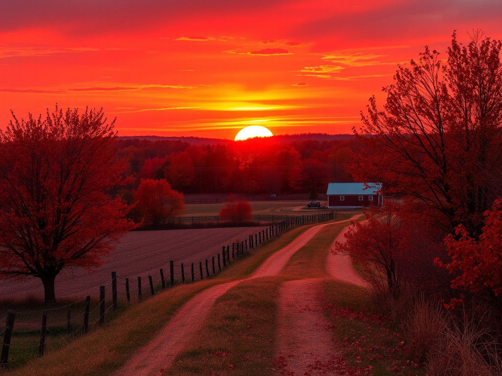 Flaming Red Sunset over Autumn Countryside