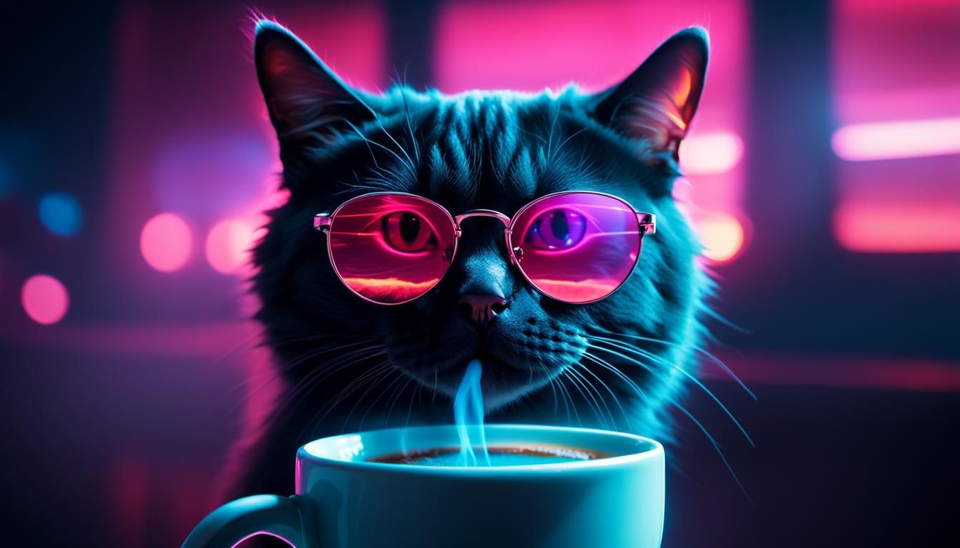 Cat with Coffee Cup in 80s VHS Horror Style