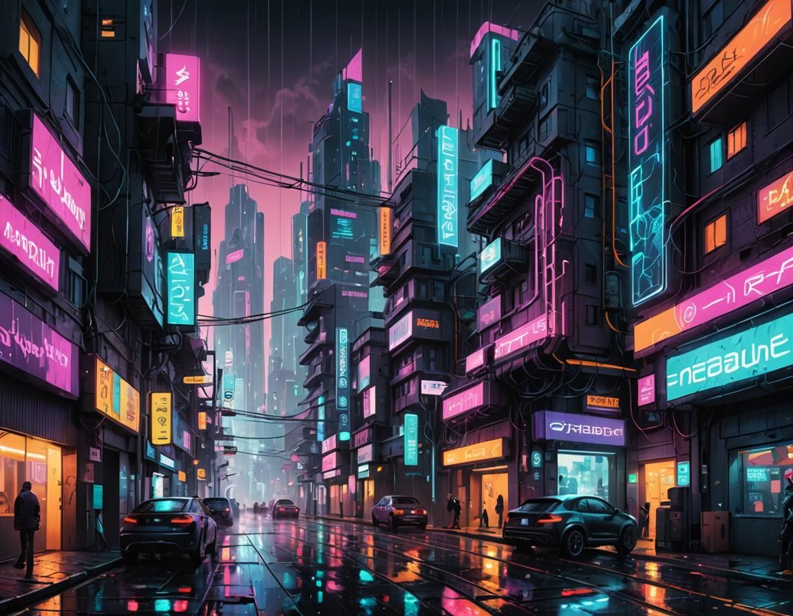 Cyberpunk Cityscape with Neon Lights and Rain