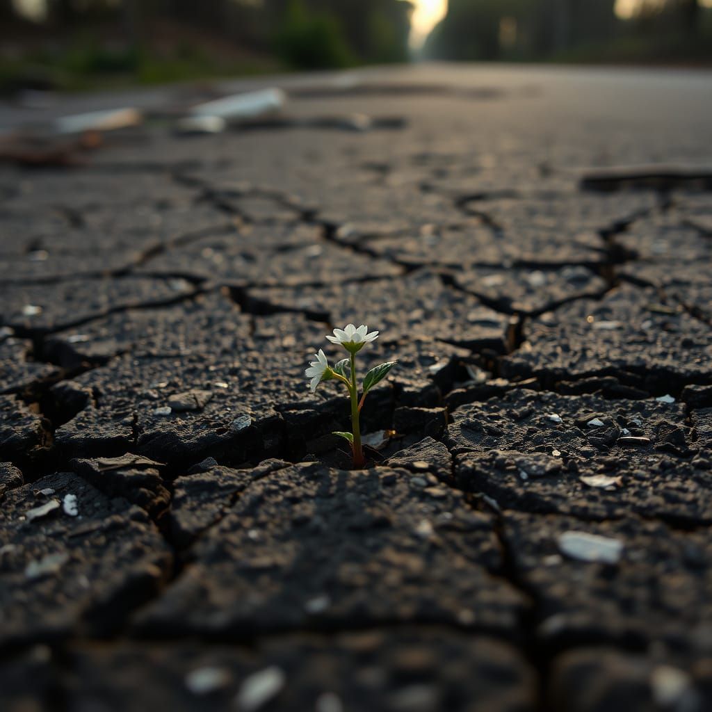 Resilient Sprout Emerges on Abandoned Road