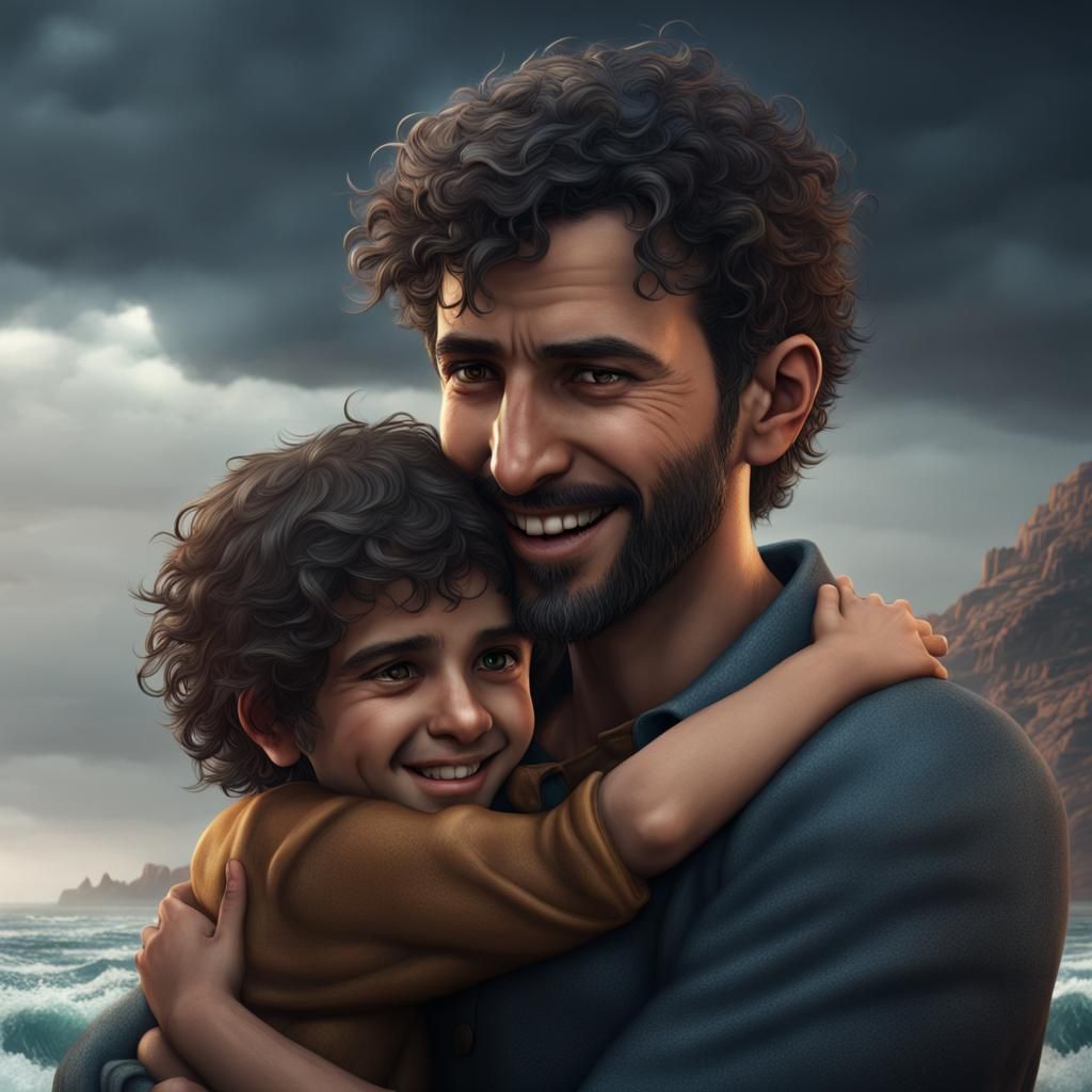 Middle Eastern Man and Child by Stormy Sea