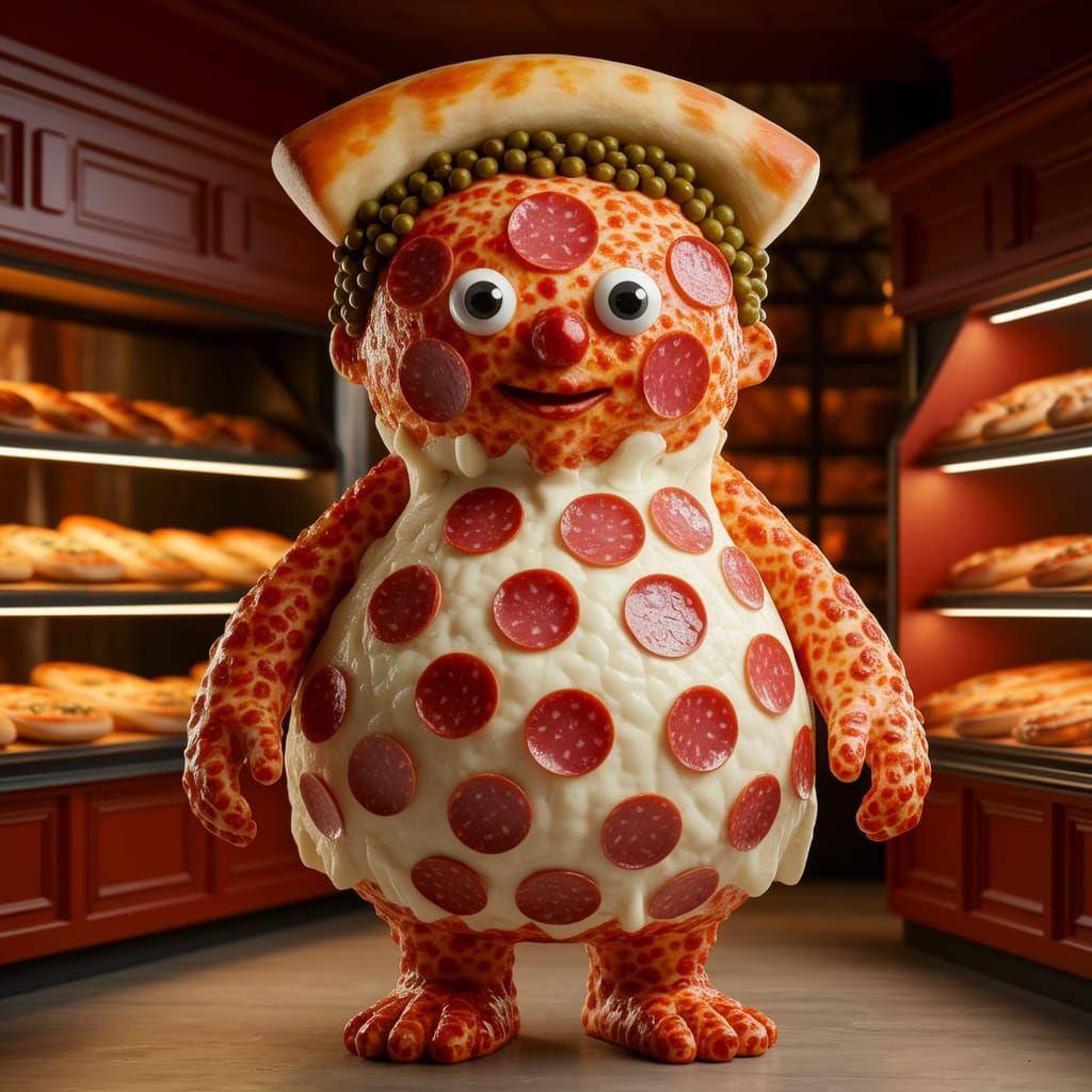 Whimsical Pizza Character in Italian Bakery