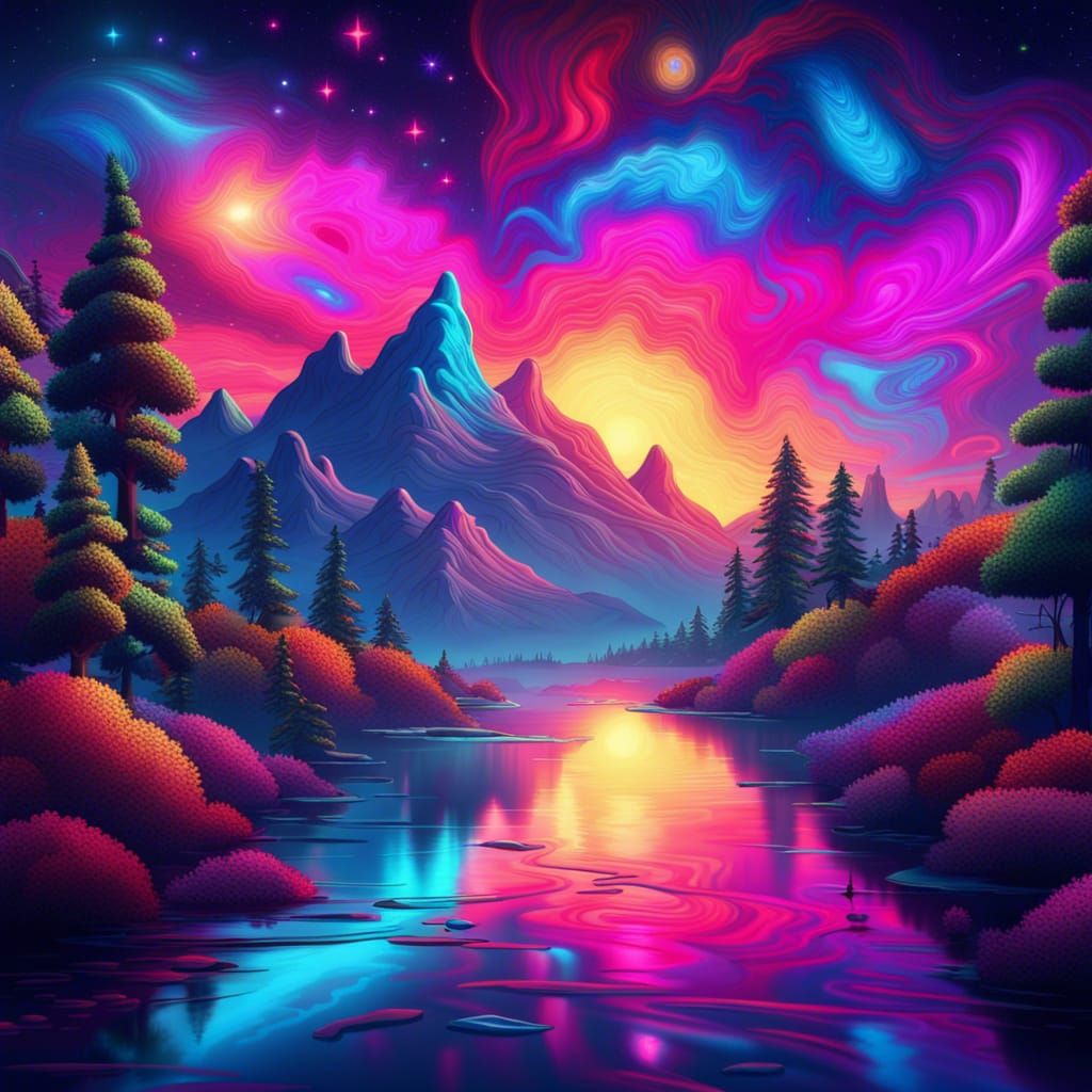 Psychedelic Bob Ross Landscape in Neon Style