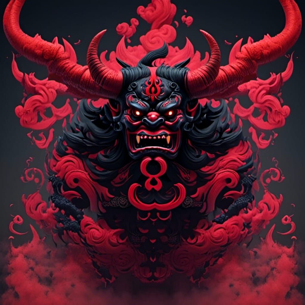 Japanese Oni Demon in Swirling Smoke: 3D Render