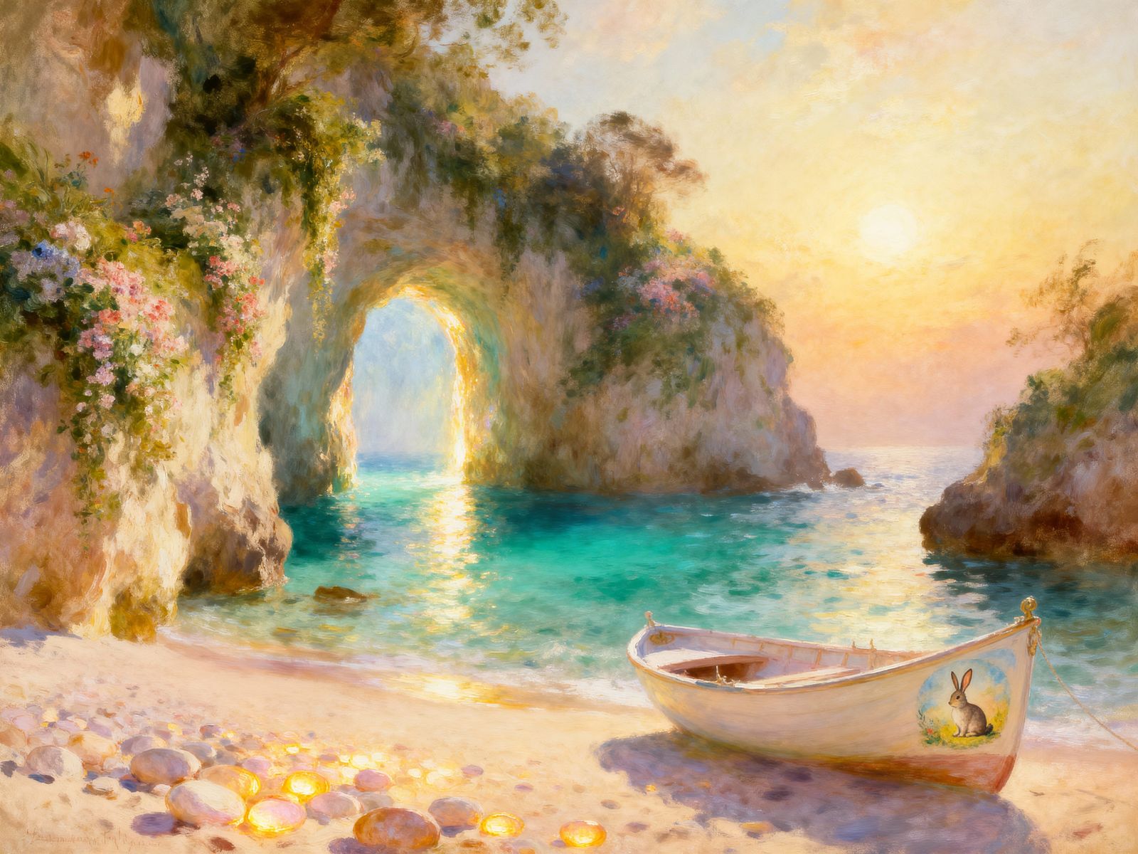 Hidden Cove With Shimmering Portal and Elegant Boat