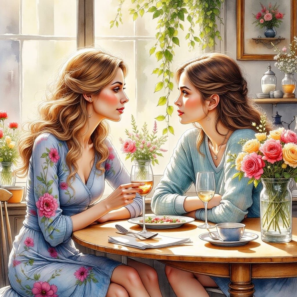 Elegant Mother-Daughter Moment in Ink Drawing Style