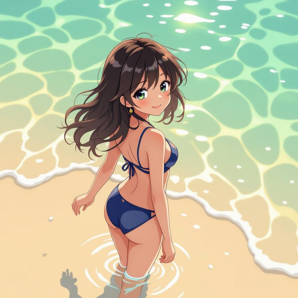 Anime Girl on Beach with Vibrant Colors