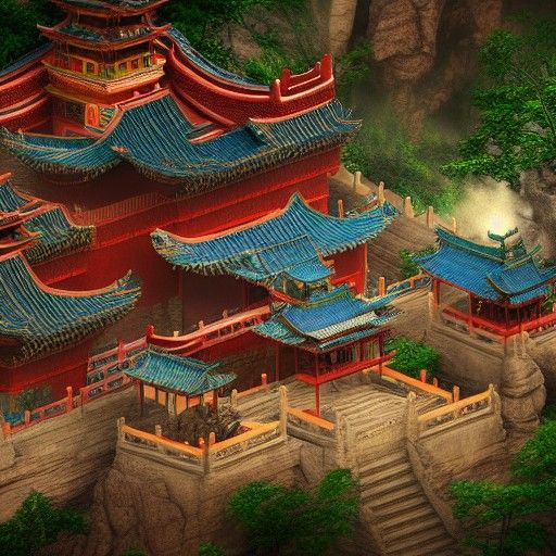 Fantasy Chinese Palace with Dragons in Sky