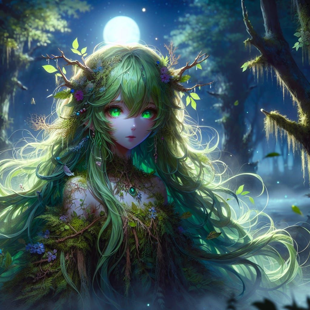 Anime Dryad in Moonlight Forest: Digital Art