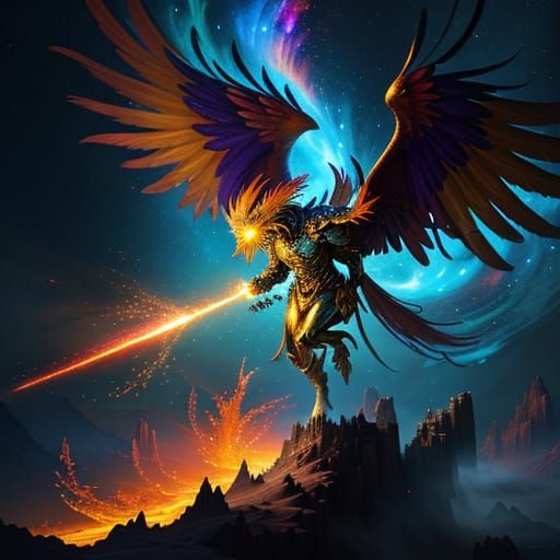 Majestic Phoenix Rises from Embers in Cosmic Vortex