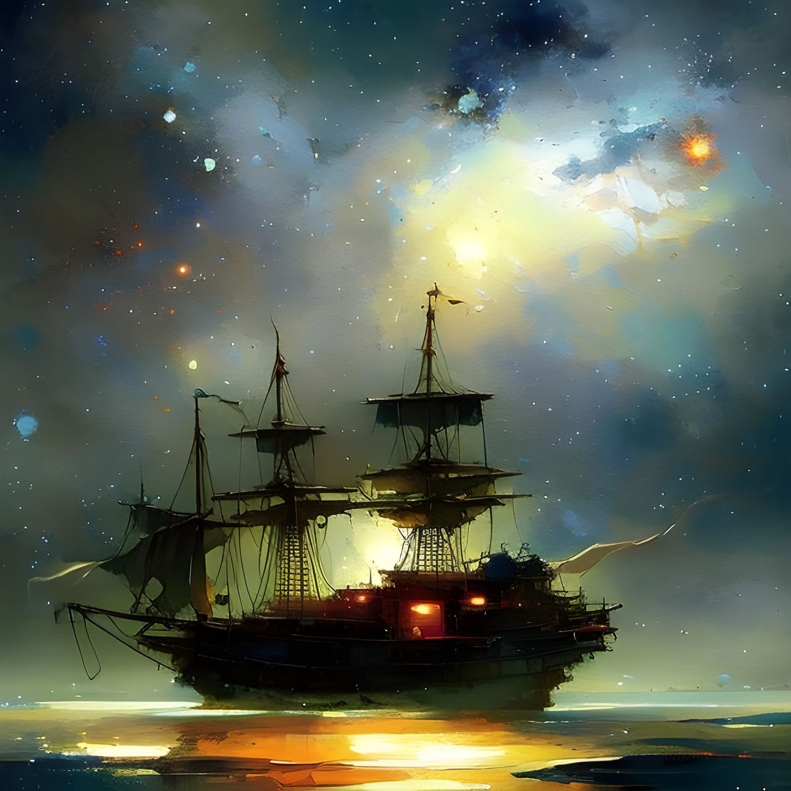 Pirate Ship at Night Under Starry Galaxy