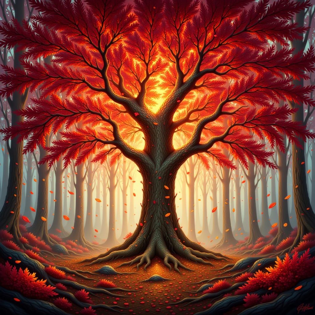 Scarlet Tree Leaves with Gold Edges Falling in Breeze