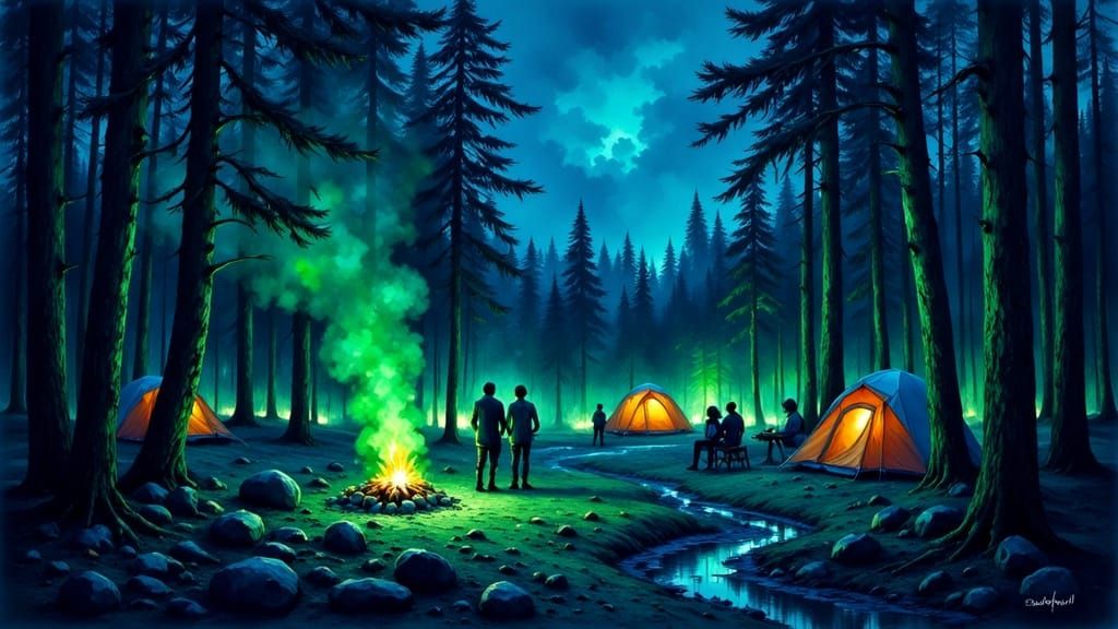 Neon Campfire: Surreal Oil Painting of Forest Clearing