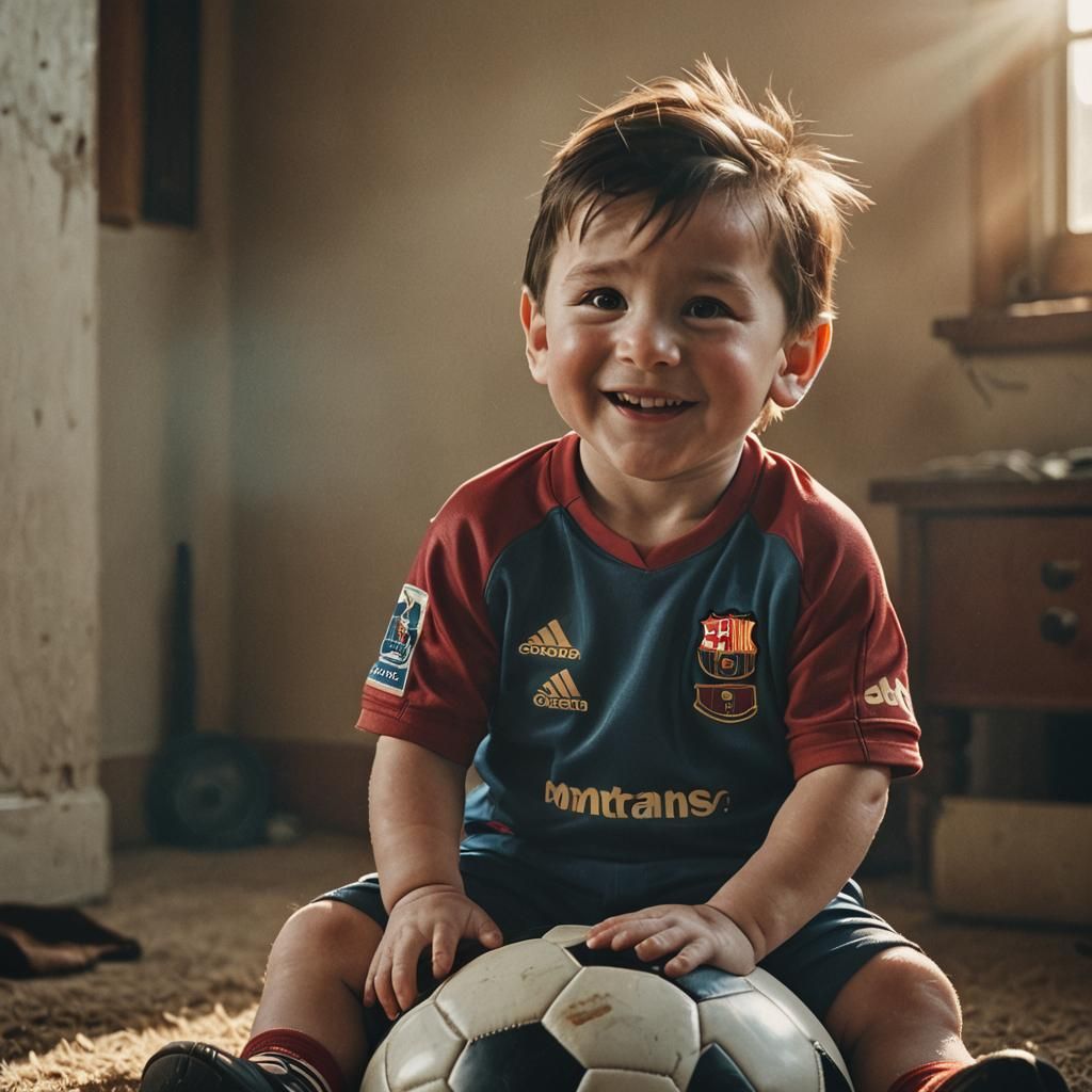Baby Lionel Messi Smiling in Retro Film Still
