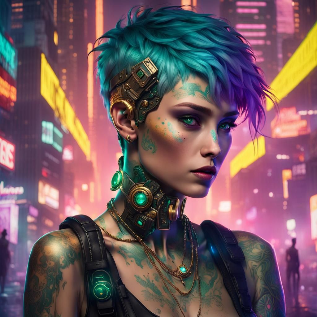 Cyberpunk Girl with Bioluminescent Tattoos in Neon Cityscape