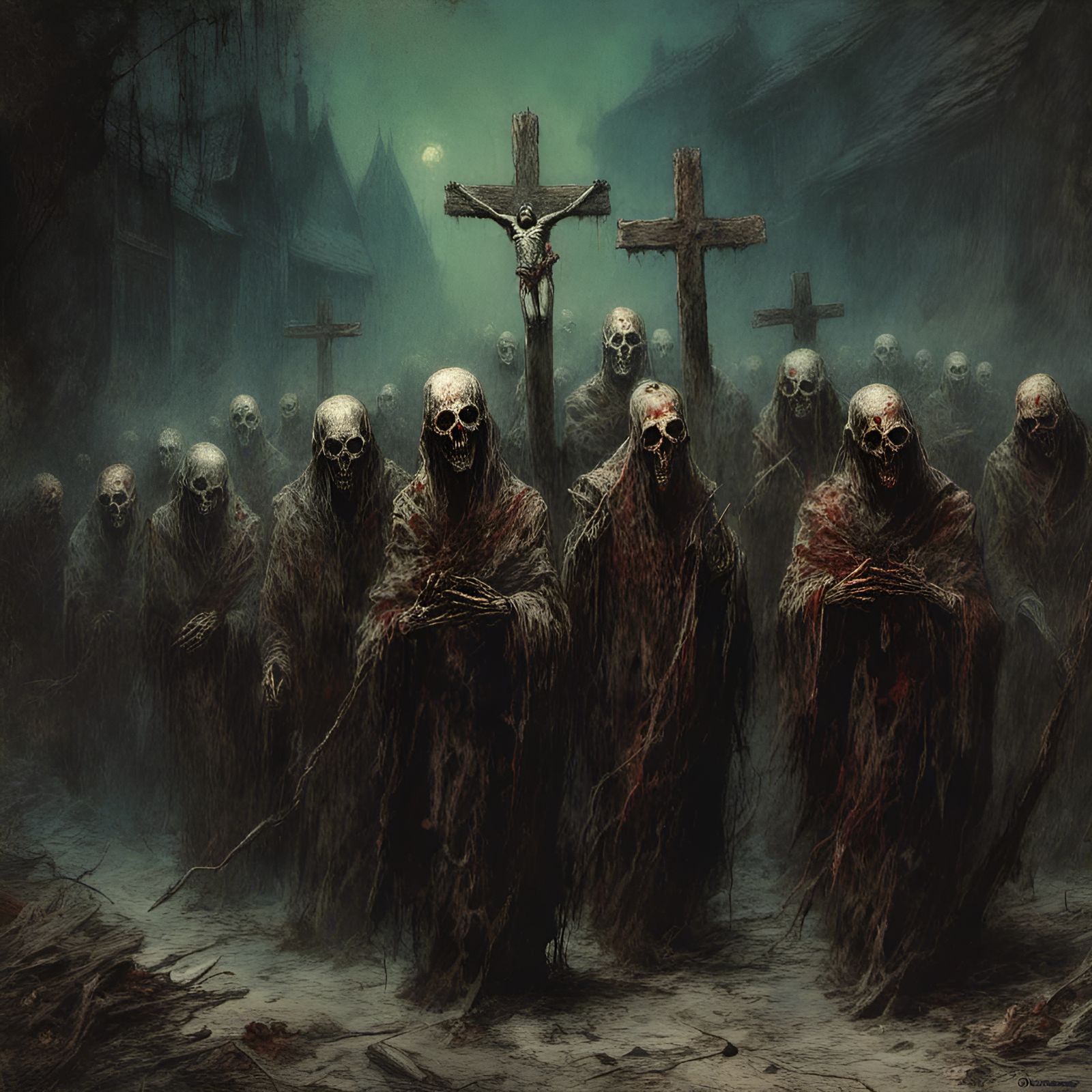 Rotting Zombie Priests March in the Dark