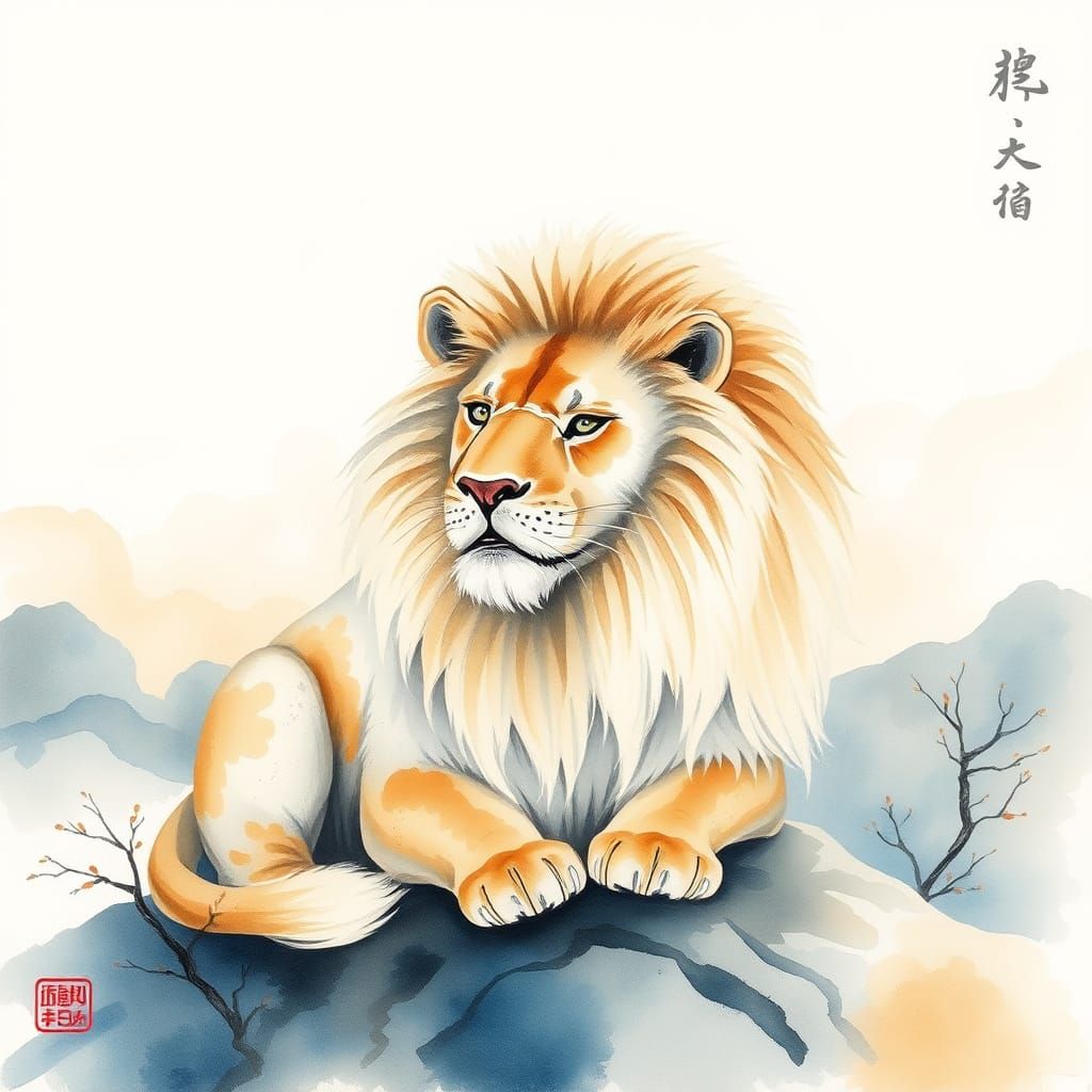 Watercolor Lion in Serene Chinese Landscape