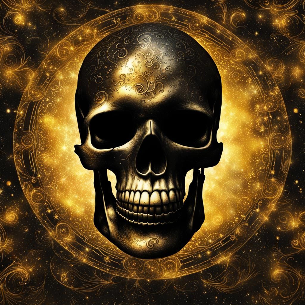 Glowing Black Skull on Gold Background: Astral Illustration