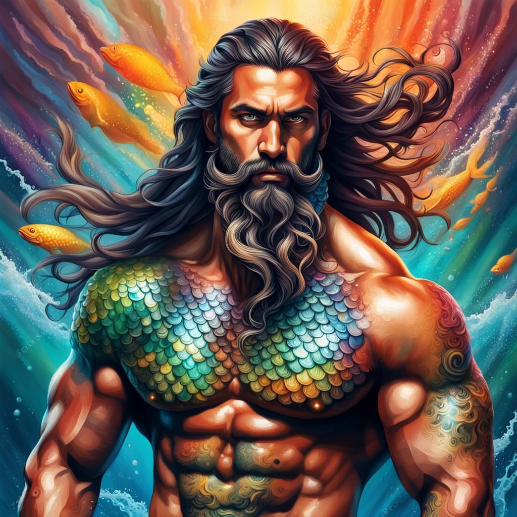 Hyperrealistic Bearded Mermaid Man Portrait